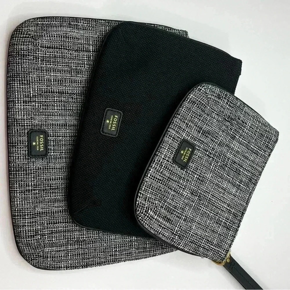 NEW FOSSIL 3 PC IVY TRIPLE BLACK+GRAY CANVAS ZIP‎ CLUTCH,WRISTLET,BAG,PURSE BLUE - Picture 8 of 8